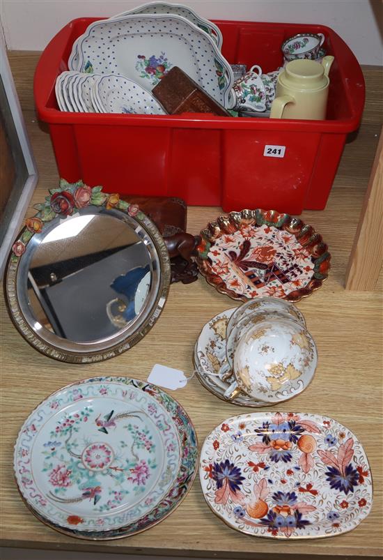 A Chinese famille rose plate, mixed European ceramics, a Barbola mirror etc